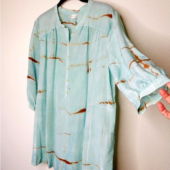 NWT Poetry Aqua Rust Tie Dye 3/4 Sleeve Front Button Mandarin Collar 12 - Picture 1 of 12